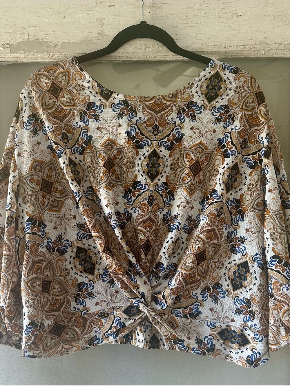 Haute Monde Twist-Front Blouse in White, Brown & Blue